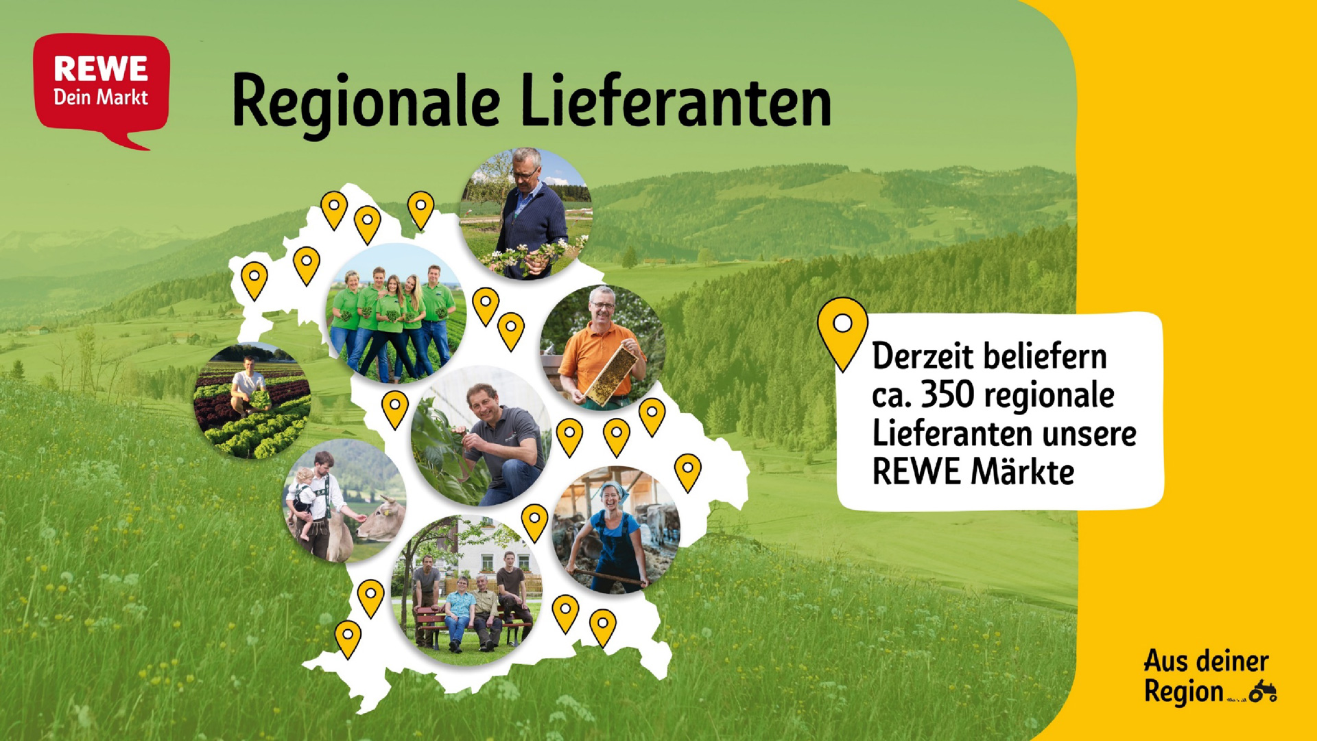 Karte von Bayern mit Bildern der verschiedenen Landwirte und Standortpunkten, die zeigen, wo überall Lokalpartnerschaften angesiedelt sind.