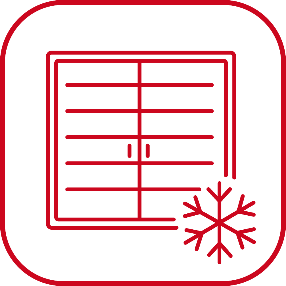 Icon zu Kältetechnik und Kühlmöbeln. Eingesetzt werden das natürliche Kältemittel CO2 sowie das natürliche Kältemittel Propen. Pufferspeicher werden zur Wärmerückgewinnung eingesetzt, verglaste Wandkühlregale für Fleisch- und Molkereiprodukte lassen weniger Kälte entweichen.
